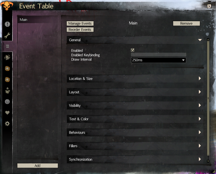 Event Table Event Area Settings